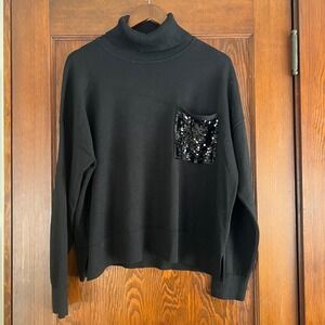 DKNY Black Turtleneck Sweater‎ Sequins Pocket Women's Size L